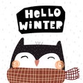 Hello winter. Cartoon owl, hand drawing lettering, decor elements. holiday theme. Colorful vector illustration, flat style. Royalty Free Stock Photo